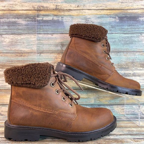 Earth Shoe Womens Brown Leather Ankle Boots Size 6M Faux Shearling Cuff Lace Up - Picture 1 of 12